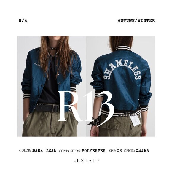 R13 SHAMELESS Dark Blue Polyester Embroidery Bomber Jacket - Picture 1 of 12
